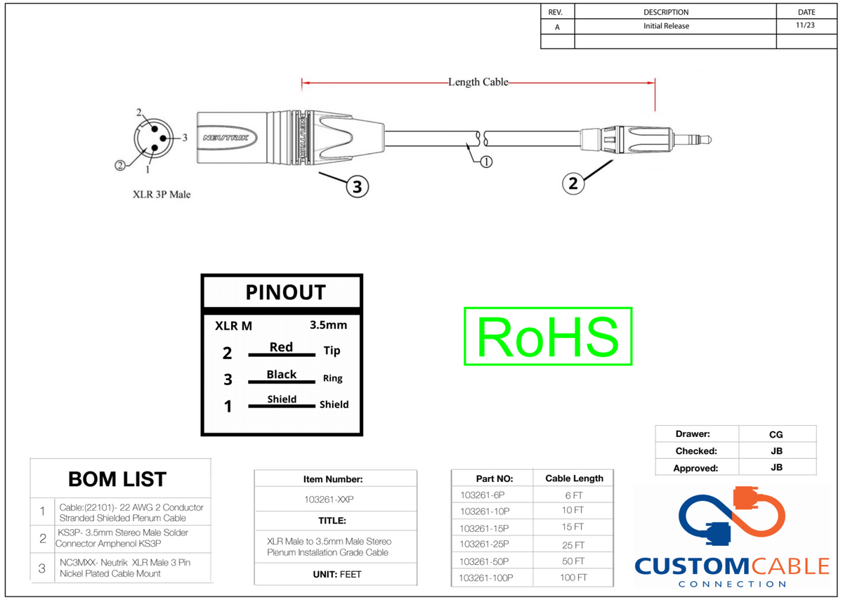 XLR Male bis 3,5mm Male Stereo Plenum Installation Grade Kabel