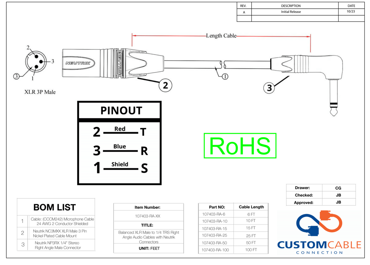 Ausgewogene XLR Male bis 1/4 TRS Rechtswinkel Audiokabel mit Neutrik Connectors
