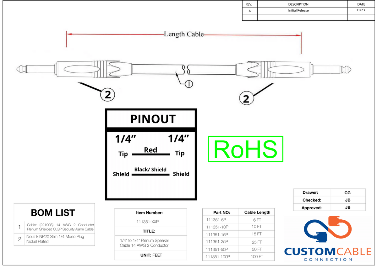 1/4' bis 1/4' Plenum Speaker Kabel 14 AWG 2 Leiter