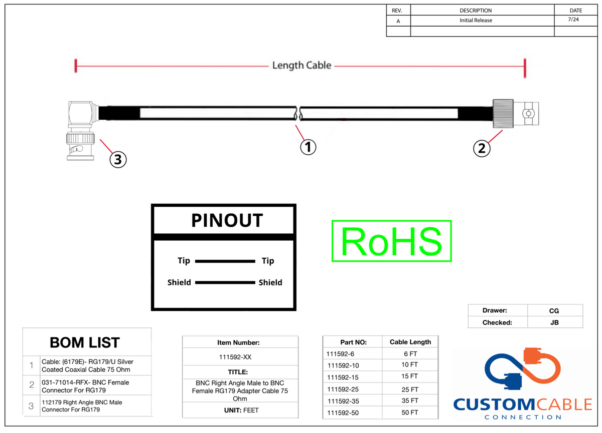 BNC Rechtswinkel Männlich zu BNC Weiblich RG179 Adapterkabel 75 Ohm