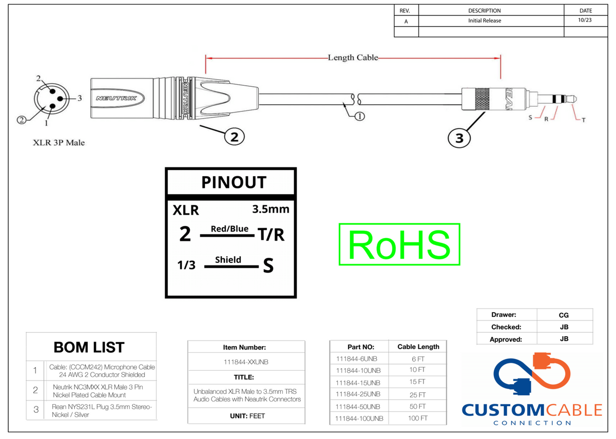 Unbalancierte XLR Männliche bis 3,5mm TRS Audiokabel mit Neutrik Connectors Alle Längen verfügbar