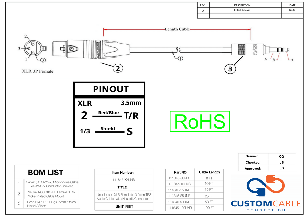 Unbalancierte XLR Female bis 3,5mm TRS Audiokabel mit Neutrik Connectors Alle Längen verfügbar