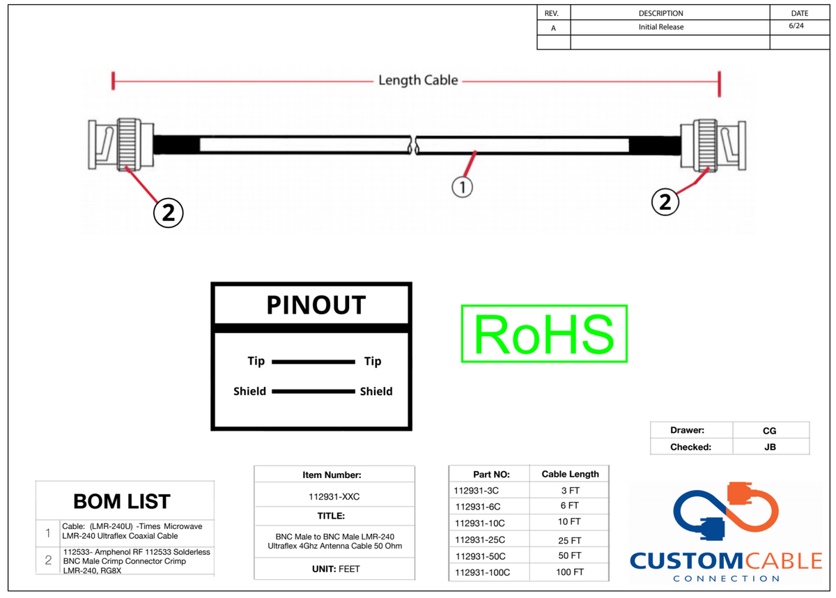 BNC Männlich zu BNC Männlich LMR-240 Ultraflex 4Ghz Antennenkabel 50 Ohm