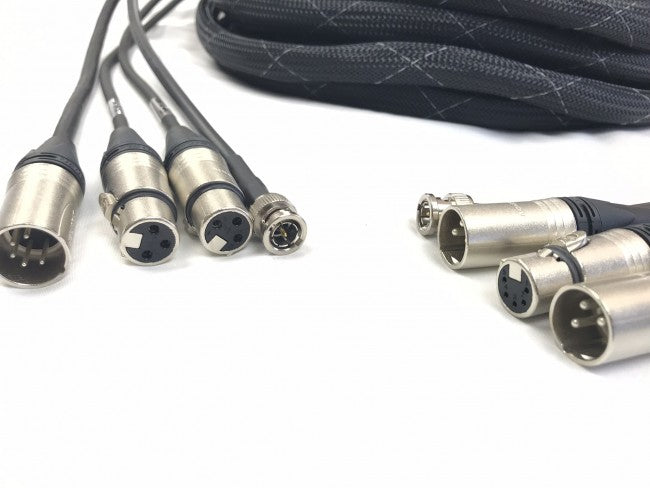 Zwei XLR 3 Pin, ein DMX 5 Pin XLR, ein Belden 1694A RG6 HD SDI BNC - Schlangenkabel