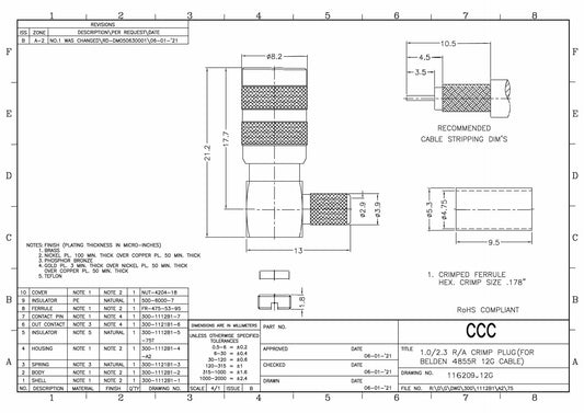 Din 1.0/2.3 Winkelstecker für 12G Belden 4855A 75 Ohm Coax