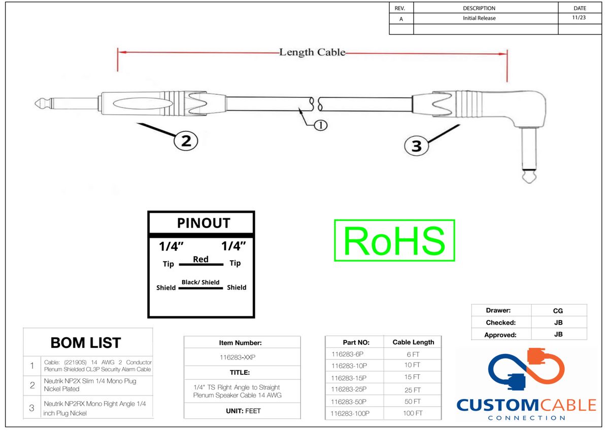 1/4' TS Rechtwinkel zum geraden Plenum-Lautsprecherkabel 14 AWG