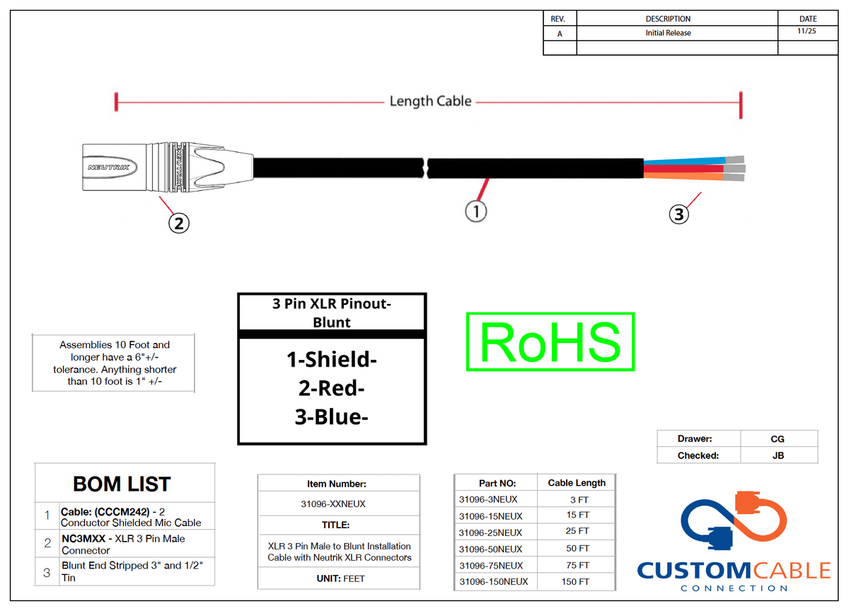 XLR 3 Pin-to-Blenden Installationskabel mit Neutrik XLR-Anschlüsse (männliche oder weibliche Optionen)