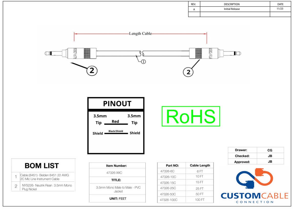 3,5mm Mono Male to Male - PVC Jacke - Installation Grade Kabel