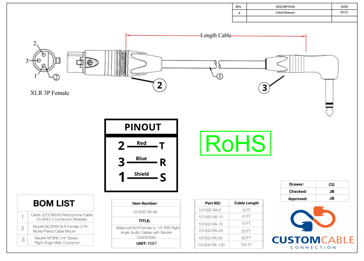 Ausgewogene XLR Female bis 1/4 TRS Rechtswinkel Audiokabel mit Neutrik Connectors