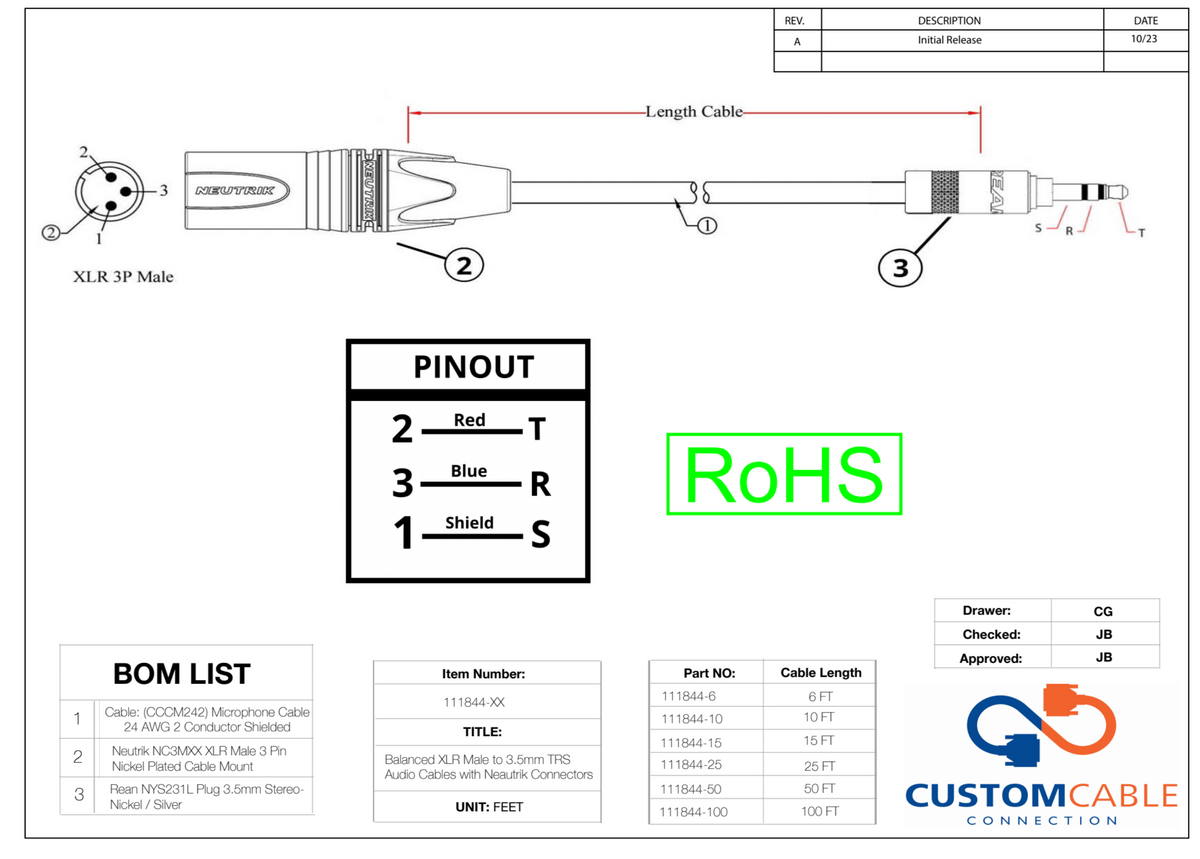 Ausgewogene XLR Male bis 3,5mm TRS Audiokabel mit Neutrik Connectors Alle Längen verfügbar