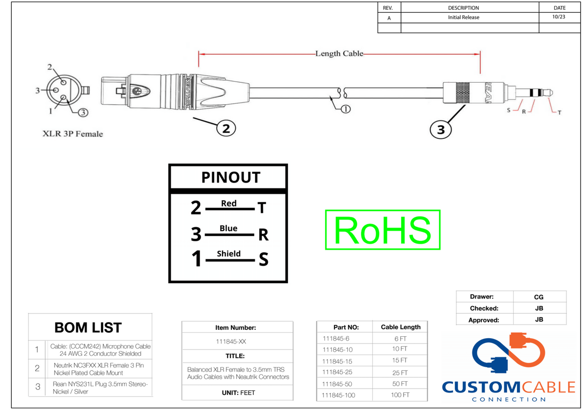 Ausgewogene XLR Female bis 3,5mm TRS Audiokabel mit Neutrik Connectors Alle Längen verfügbar