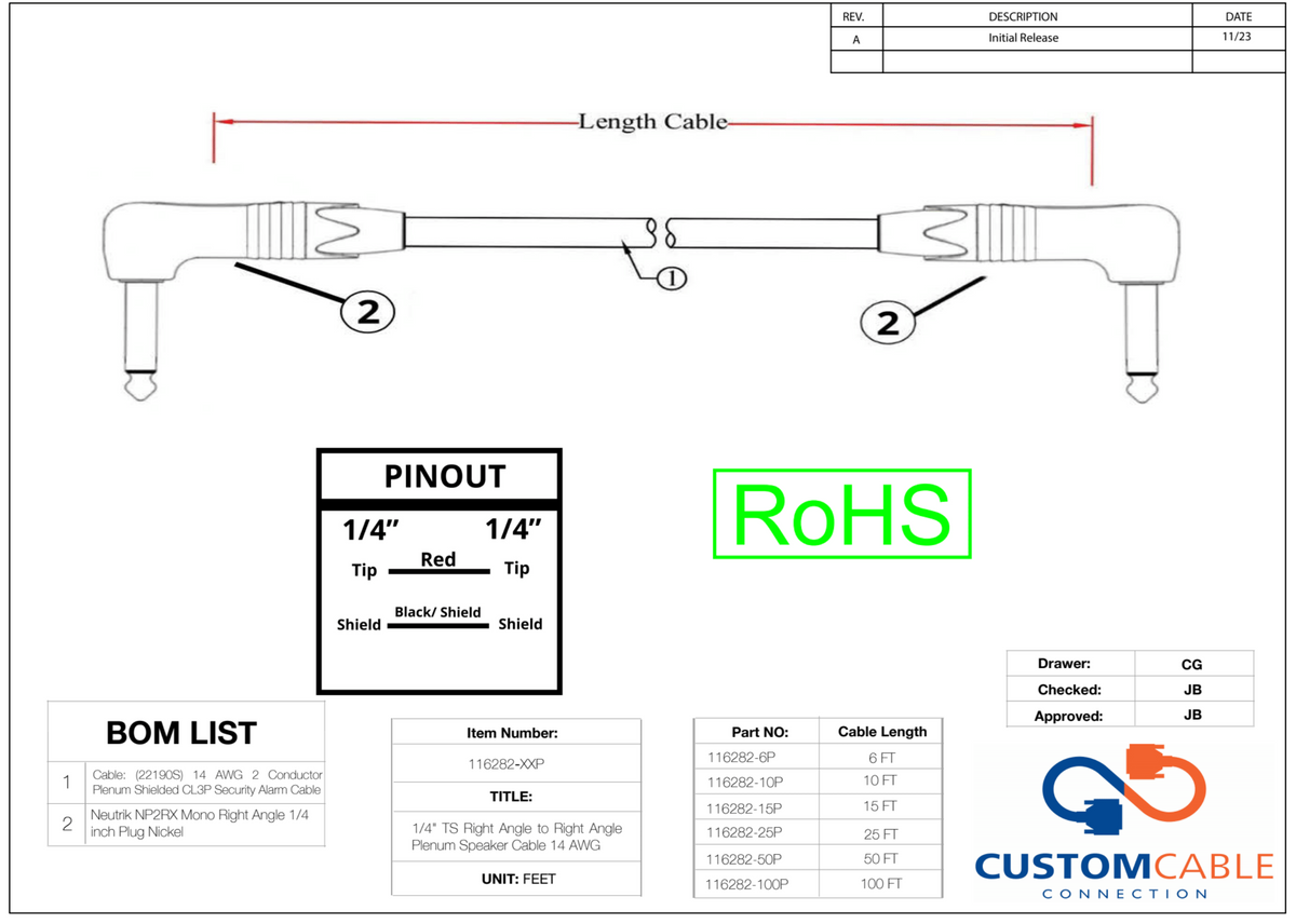 1/4' TS Rechtwinkel zu Rechtwinkel Plenum-Lautsprecherkabel 14 AWG