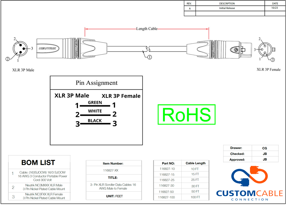 3-Pin XLR 16 AWG Audio/ Data Mic Kabel