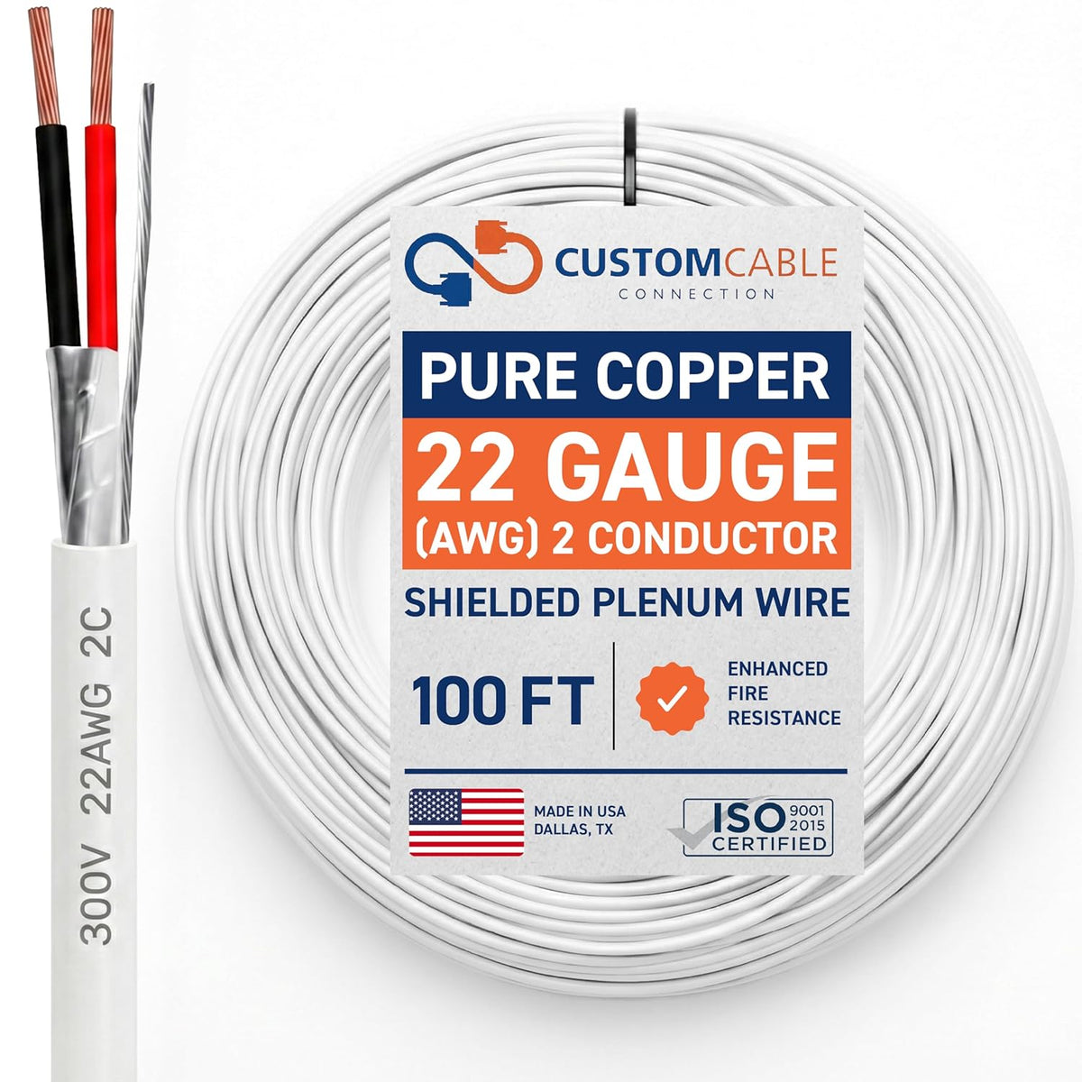 22 AWG 2 Conductor Stranded Shielded Plenum Cable (500ft, 1000ft)