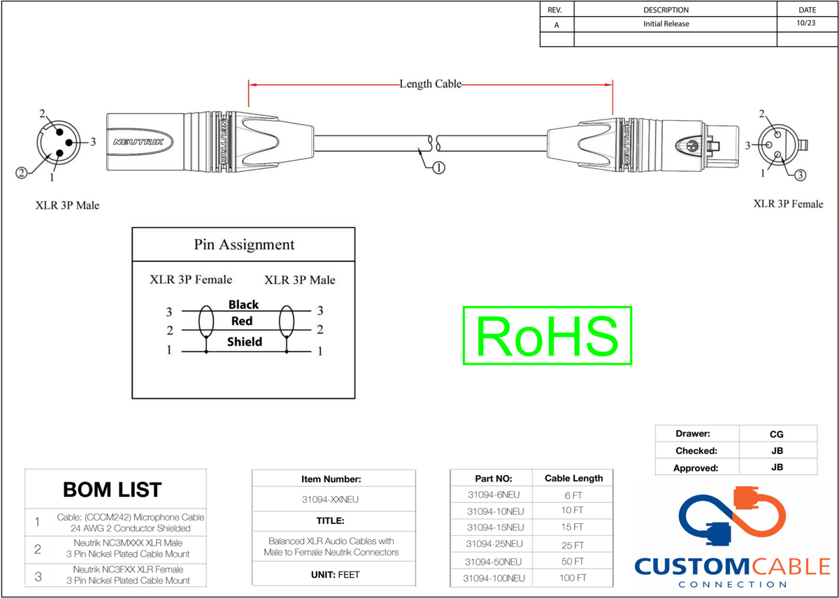 Ausgewogene XLR-Audiokabel mit männlichen bis weiblichen Neutrik-Anschlüssen alle Längen verfügbar