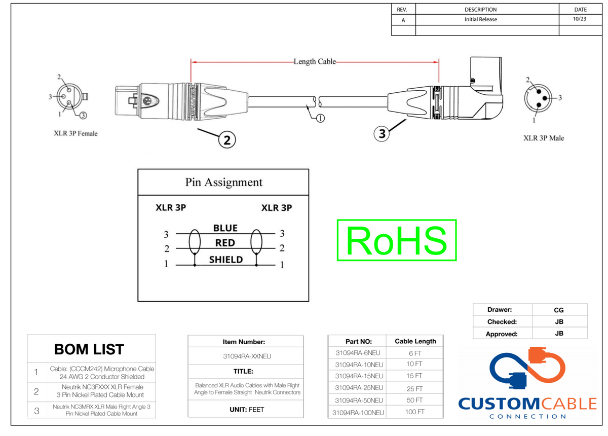 XLR Audiokabel mit männlichen rechten Winkel zu weiblichen geraden Neutrik-Anschlüssen