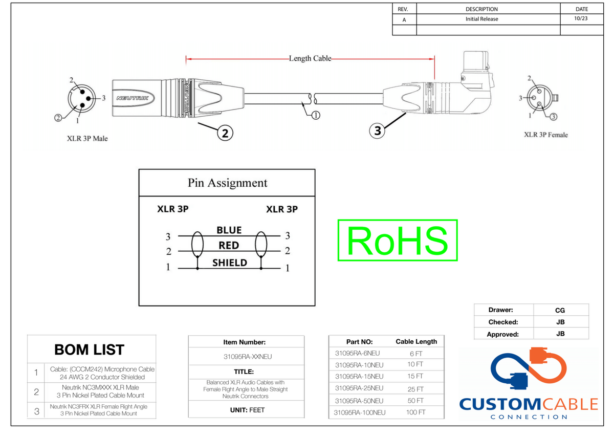 XLR Audiokabel mit weiblichem Rechtswinkel zu männlichem geraden Neutrik Connector