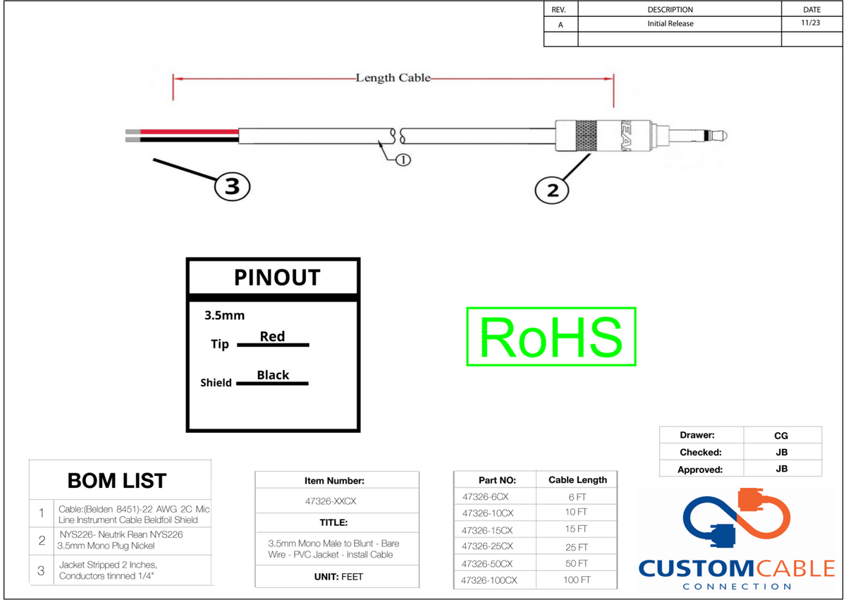 3,5mm Mono Male to Blunt - Bare Wire - PVC Jacke - Installieren Sie Kabel