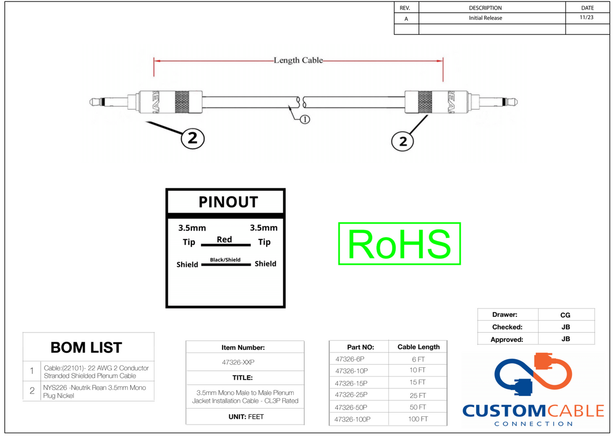 3,5mm Mono Male to Male Plenum Jacket Installationskabel - CL3P Rated