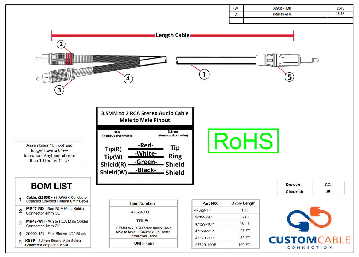 3,5MM bis 2 RCA Stereo Audio Kabel Male to Male - Plenum CL3P Jacke - Installationsgrad