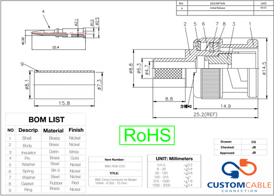 BNC Crimp Connector für Belden 1694A - 6 GHz - 75 Ohm
